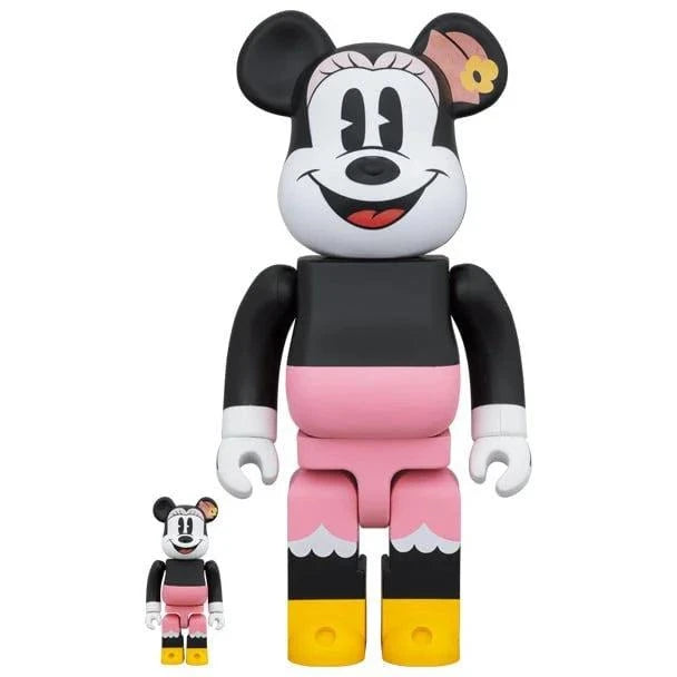 400% & 100% Bearbrick Minnie Mouse figures in nostalgic 1933 style with iconic hat and smile.