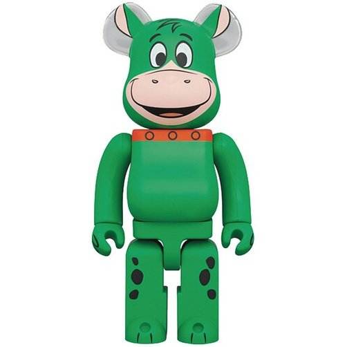 400% Bearbrick Hoppy from The Flintstones by Medicom Toys, green figure with orange collar and spotted details.