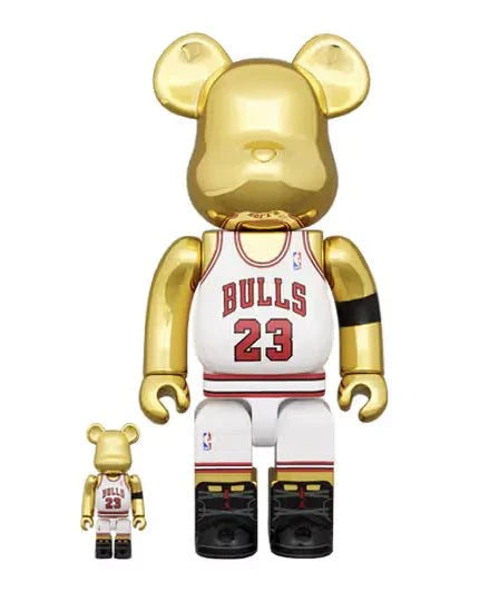 400% & 100% Bearbrick set featuring Michael Jordan in Chicago Bulls jersey from 1991 NBA Championship.