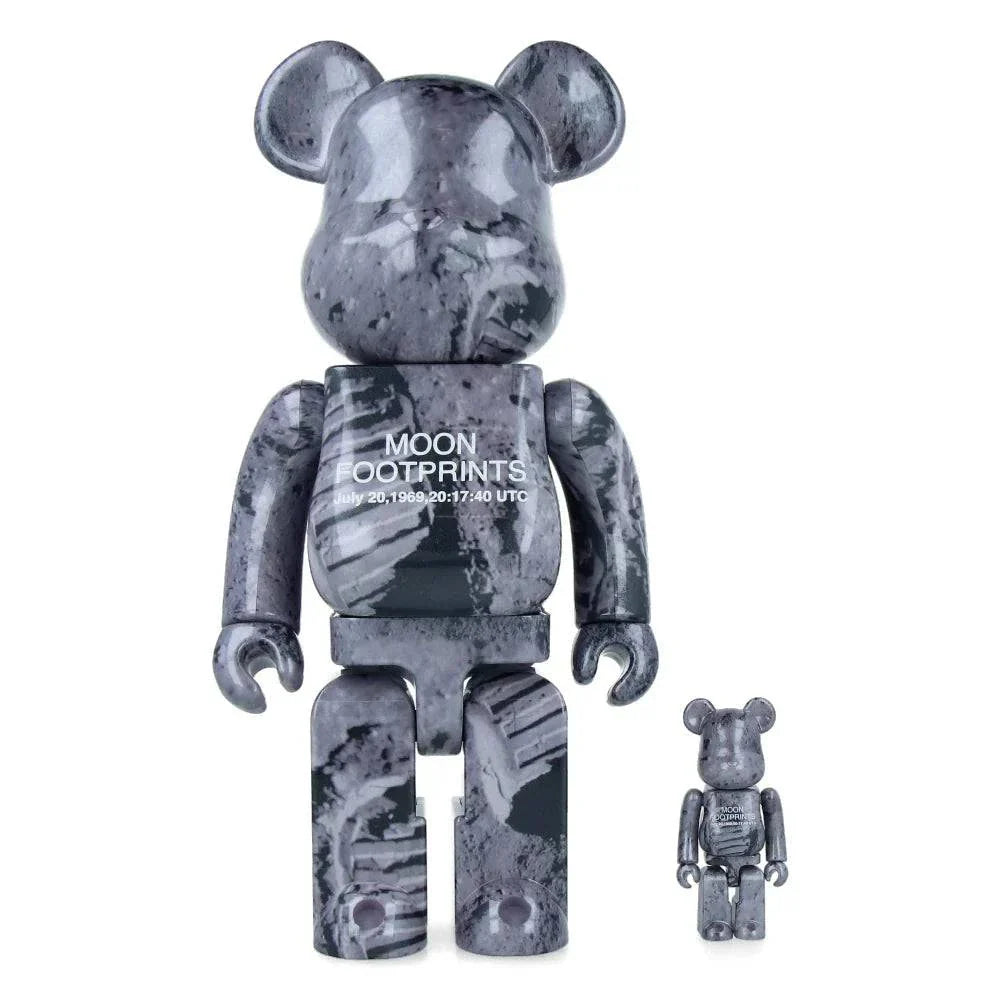 400% & 100% Bearbrick Set - Moon Footprints (NASA) featuring lunar surface print and Neil Armstrong's moon landing tribute.