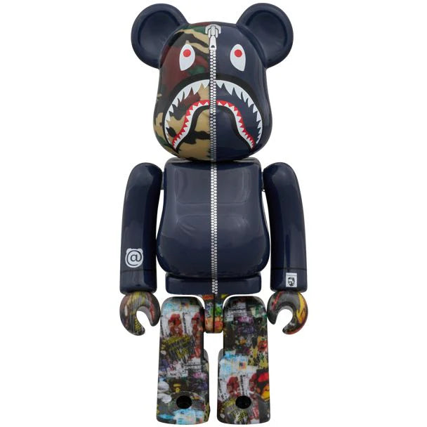 400% & 100% Bearbrick 3-delars set - BAPE(R) LEGACY CAMO SHARK (Marinblå version)