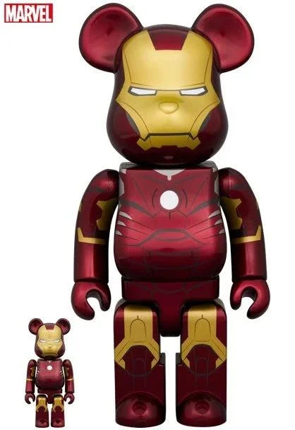 400% & 100% Bearbrick Iron Man Mark III Infinity Saga figures featuring iconic armor design.