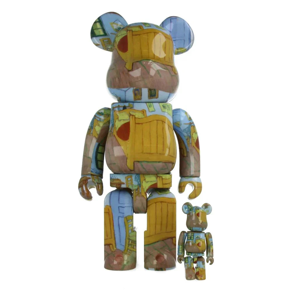 400% & 100% Bearbrick set featuring Van Gogh's The Bedroom, with expressive brushwork and vibrant colors, both 28 cm and 7 cm sizes.
