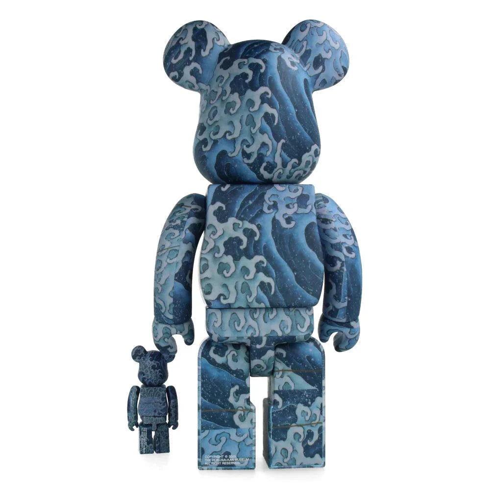 400% & 100% Bearbrick set with Katsushika Hokusai's Angry Waves design, showcasing iconic Japanese art.