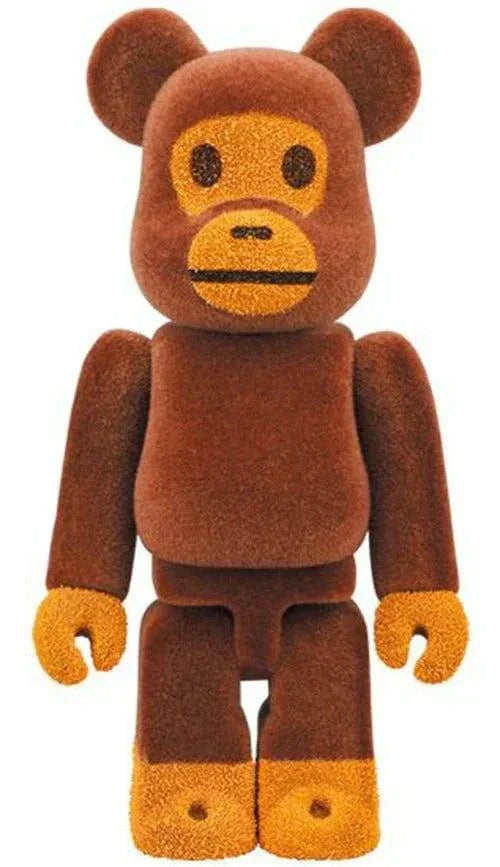 400% & 100% Bearbrick set - Baby Milo by BAPE (Flocky ver.) featuring textured brown design.