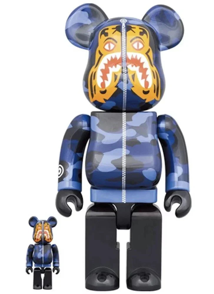400% & 100% Bearbrick set Camo Tiger BAPE Blue version with blue camo pattern featuring iconic tiger motif.