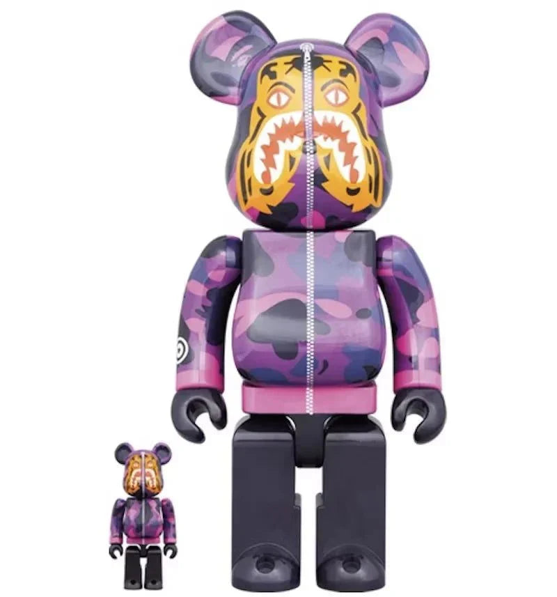 Bearbrick set Camo Tiger by BAPE in purple, featuring 100% and 400% sizes with tiger motif and purple camo design.
