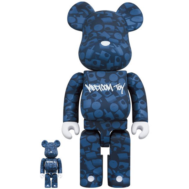 400% &amp; 100% Bearbrick set - Stash (blått mönster) från Medicom Toys