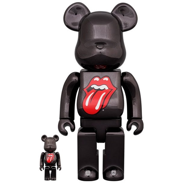 400% &amp; 100% Bearbrick set - The Rolling Stones (Hot Lips logotyp - Black Chrome)