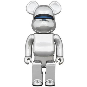 400% Bearbrick Hajime Sorayama Robot Blue Lights Edition by Medicom Toy, silver futuristic design with illuminated eyes.