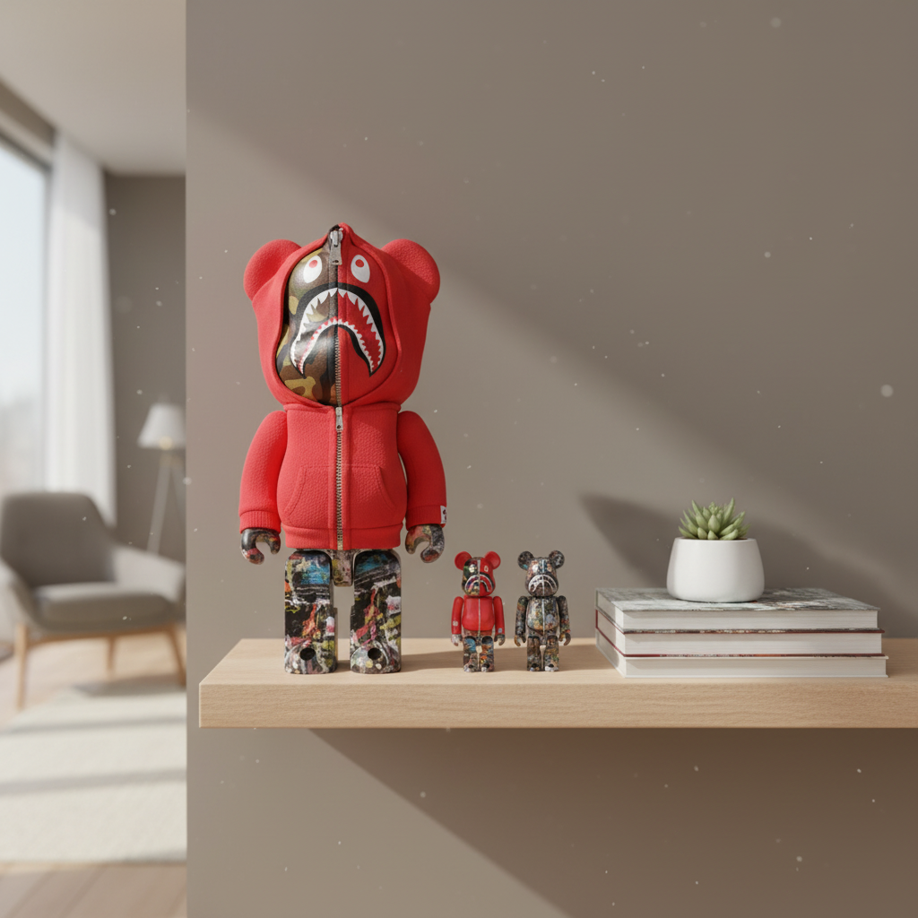 400% &amp; 100% Bearbrick 3-delars set - BAPE(R) LEGACY CAMO SHARK (Röd version)