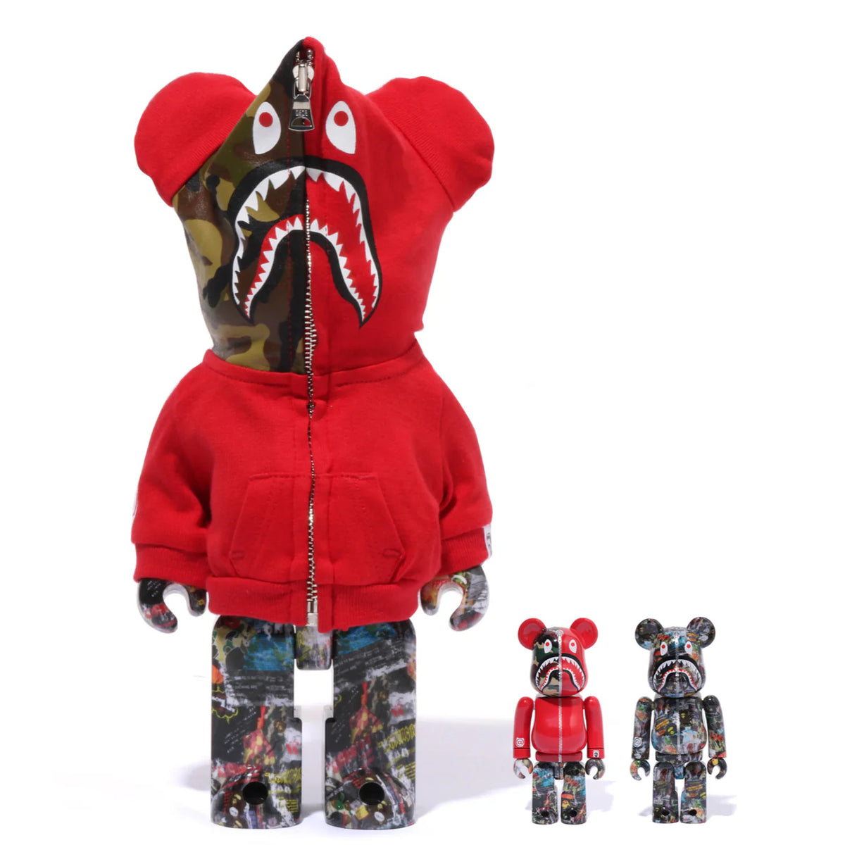 400% &amp; 100% Bearbrick 3-delars set - BAPE(R) LEGACY CAMO SHARK (Röd version)